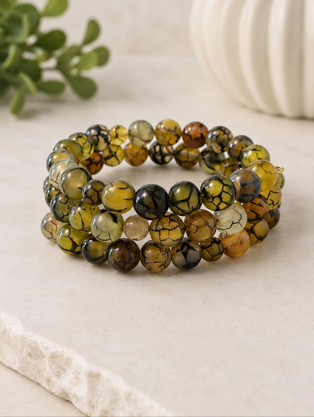 Green And Black Dragon's Veins Beaded Triple Wrap Bracelet
